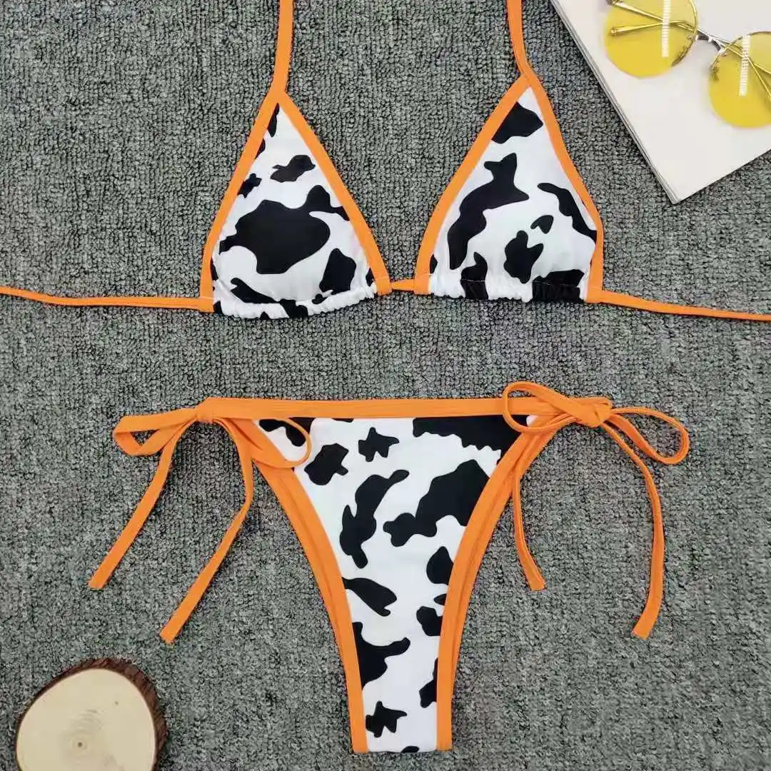Cow Printed 2pcs Sexy Women Summer Swimwear Bikini Set G-String Thong Beach Triangle Suit Swimsuit Bathing Suit Swimming Suit