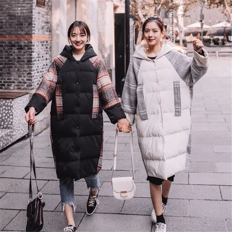 Large Size Women Winter Cotton Hooded Jackets Coat Fashion Loose Warm Plaid Long Outerwear Casual Female Basic Jacket xa111