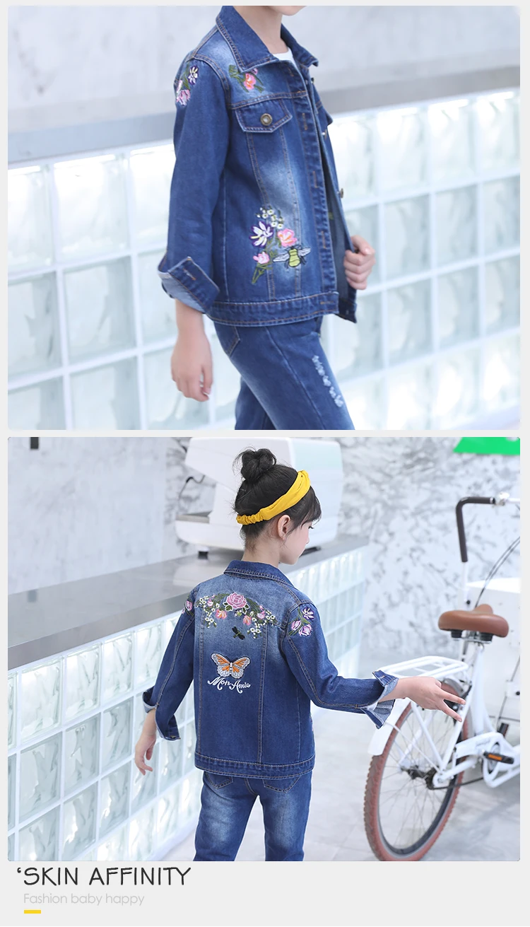 2 Pieces Girl Jeans Suits Set Floral Embroidered Design Kids Spring Denim Jacket Clothing Girl Outfit Set