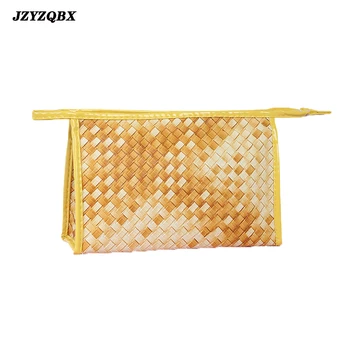 

Female Cosmetics Bag Golden Yellow Cosmetic Bag Bamboo Weaving Toiletry Bag Professional Makeup Bag necessarie feminina