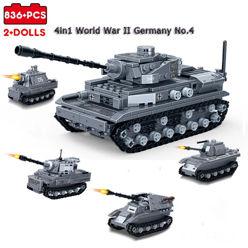 Конструктор 836 шт. военный WW2 Германия 4 в 1 солдат танков оружие фигурки дети