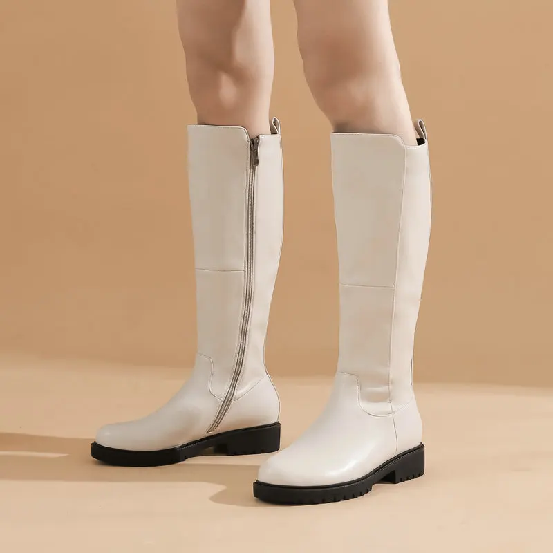 

Autumn Winter Fashion Ladies Zipper Loose Knee Boots Female New PU Comfortable Low-Heel Knight Boots Black White Women's Shoes