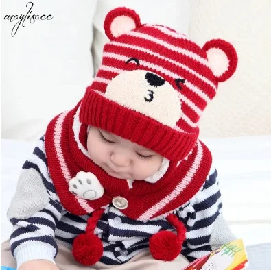 Hat and Scarf for Girls Boys Babies New Winter Knitted Warm Suit Striped Tiger Hat Scarf Baby Suit Hat and Snood Set