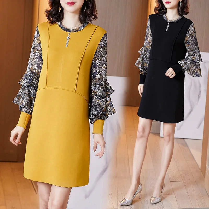 

Europe And America 2020 Spring And Autumn Summer New Style Fashion Lace-up Stand Collar Flounced Sleeves Joint Flowers Dress Wom