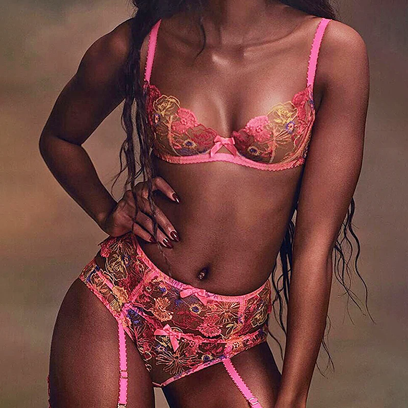 

Embroidery 3 Pieces Sensual Lingerie Woman Transparent Floral Bra Brief Sets with Graters Sexy Underwear Exotic Sets