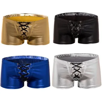 

Sexy Men's Shiny Leather Underwear Bodycon Shorts Boxer Pants Lingerie Men Solid Boxer Shorts Plus Size Boxers Mens Underwear