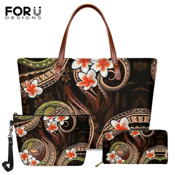 

FORUDESIGNS Luxury Women Shoulder Bag Gradient Frangipani Printed Brand Designer Large Handbag Polynesian Tattoo Long PU Purse