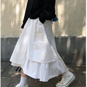 

LANMREM 2020 Spring Summer New Arrivals A-line High Waist Button Solid Color Women Casual Ankle-lenght Loose Skirt AW20800