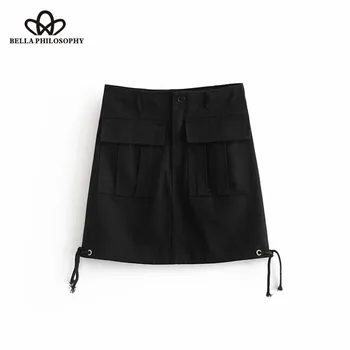 

Luck A 2020 Vintage Pockets Black Basic Mini Skirts Zipper Fly Lace Up Streetwear Ladies Skirts Casual Faldas Mujer