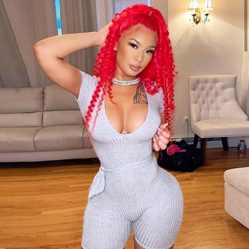 Bodysuit Women Tight Short-Sleeve Sports-Overalls Streetwear Sexy Fitness Sash Casual