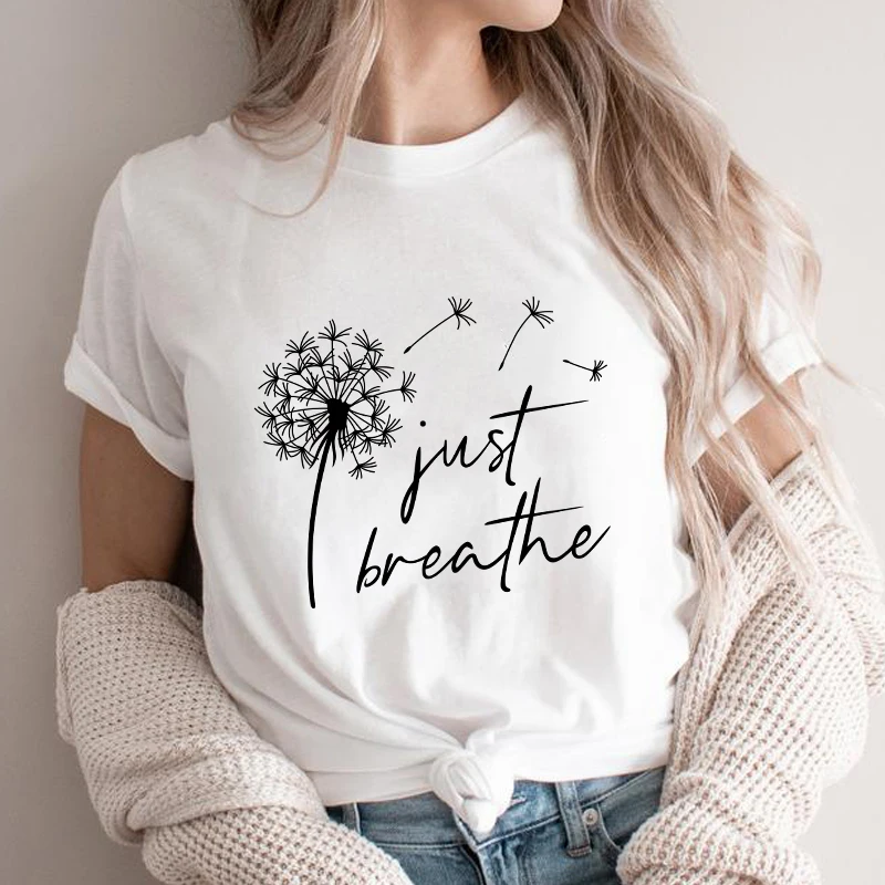

Just Breathe 100% Cotton T-shirt Vintage Dandelion Positive Tee Shirt Top Aesthetic Women Meditation Graphic Tshirt