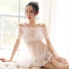 Сексуальная прозрачная верхняя одежда бюстгальтер трусики и ножные кольца набор женская ночная одежда без бретелек слово воротник принцесса сетка кружева Ночная рубашка Набор