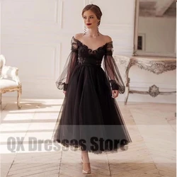 Simple Applique Off The Shoulder  Homecoming Dress Tea Length Tulle Illusion Sleeve Party Gown With Full Women A-line Black Gown