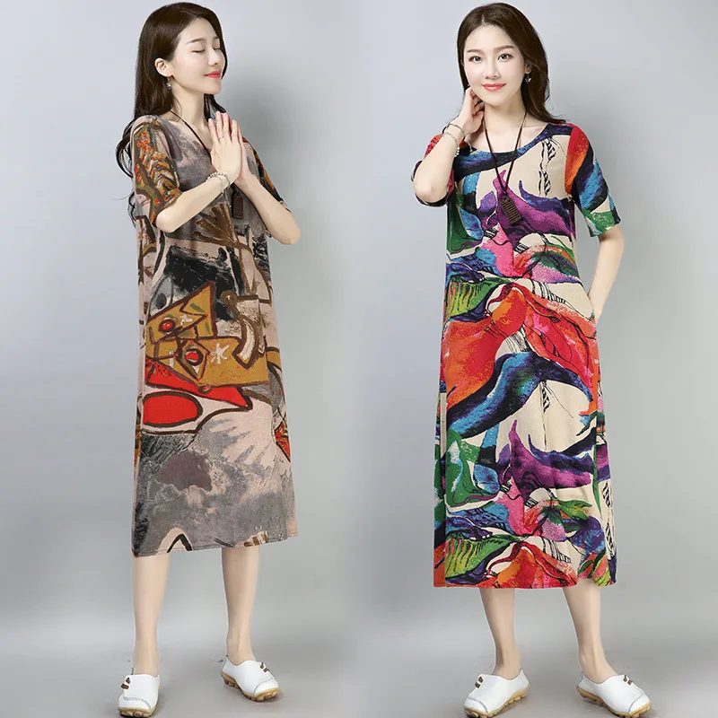

2019 Summer New Style Korean-style Literature And Art Printed Large Size Mid-length Retro Chinese-style Cotton Linen Short-sleev