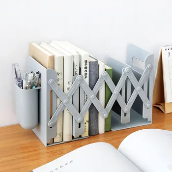

Adjustable Bookend Book Holder Retractable Book Stand Multi Compartments with Pen Holder Desktop Organizer Home Office E