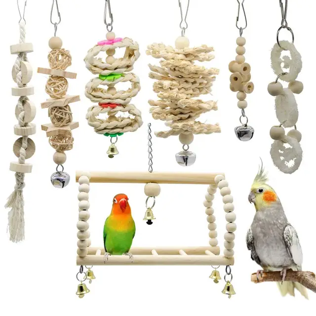7 x Bird Chewing Swing Toys with A Bell - Parrot Cage Bite Toys  Block Bird Parrot Toys for Small and Medium Parrots and Birds 5