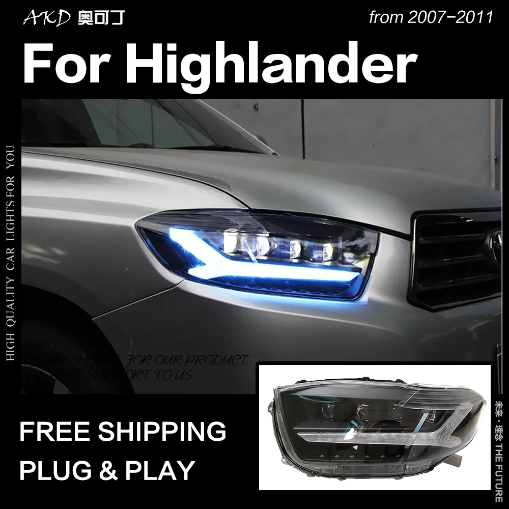 AKD автостайлинг фары Toyota Highlander 2007 2011 светодиодная… для Kluger ДХО дальний и ближний