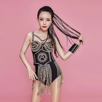 

bar nightclub female singer dj dance team combination black bright diamond tassel jumpsuit