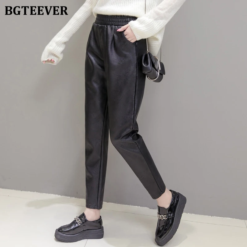 BGTEEVER Winter Long Trousers for Women PU leather Pencil Pants Elastic Waist Thick Velvet Female Faux Leather Casual 2019 |