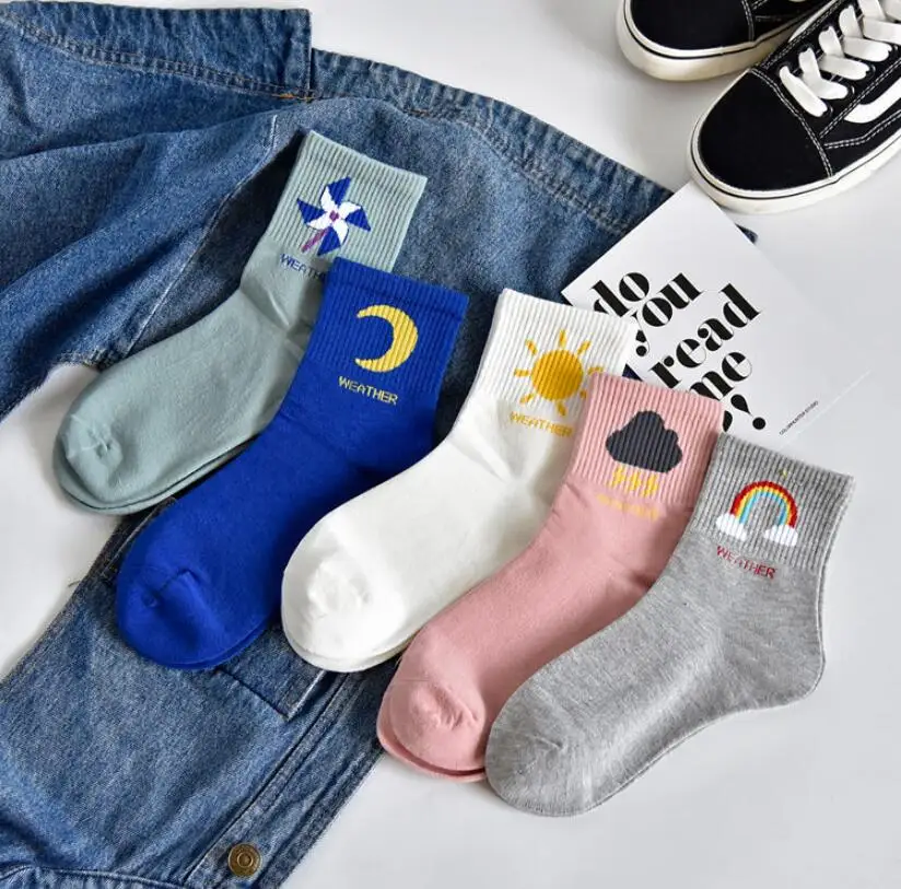 Забавные милые радужные Луна солнце облако освещение ветряная мельница узорные мультфильм женские носки