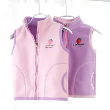 

Famuka Vest For Boy Girls Stand Collar Embroidery Strawberry Polar Fleece Kids Baby Vest Outerwear Coat Children Waistcoats 2-6Y