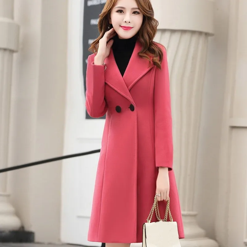 watermelon red Новая женская верхняя одежда, осенняя зимняя одежда, Модное теплое Шерстяное приталенное женское элегантное двубортное шерстяное пальто - Цвет: watermelon red