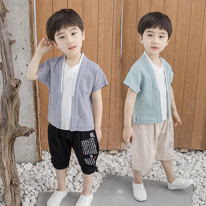 

2019 Children Ethnic-Style Chinese Clothing Set Male Summer Small CHILDREN'S Flax Blended Short Sleeve Two-Piece Set Childrenswe