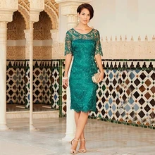 Green Mother Of The Bride Dresses Sheath Scoop Short Sleeves Knee Length Lace Short Groom Mother Dresses For Wedding