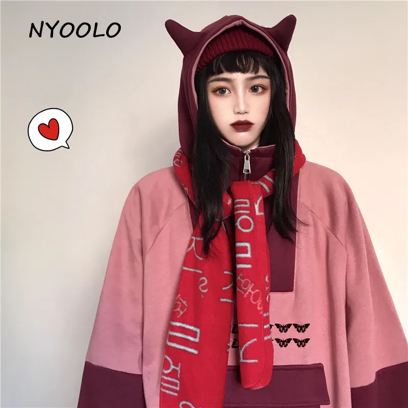 NYOOLO Харадзюку kawaii с вышитыми ушками и буквами; теплые толстовки с капюшоном в стиле пэчворк; сезон осень-зима; бархатный пуловер; Женская толстовка