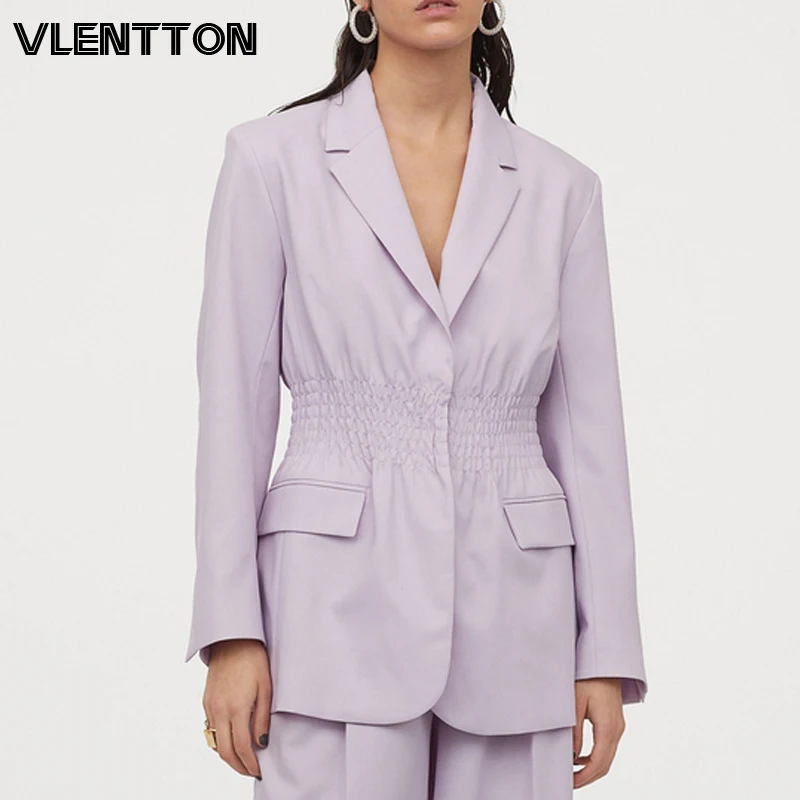 

2020 Spring Autumn Vintage Purple Women Blazer Fold Waist Pocket Solid Suit Jacket Coat Female Outwear Tops Office Blazers Mujer