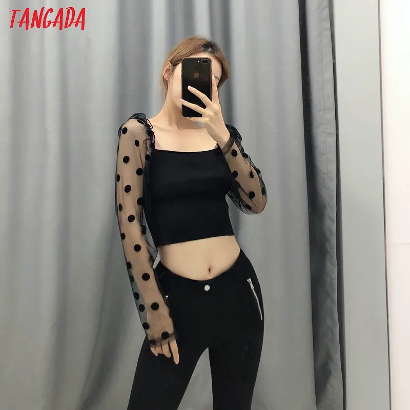 Tangada, Женская шикарная блузка в горошек, сетчатая, Лоскутная, с длинным рукавом, тянущиеся, черные рубашки, женские повседневные, шикарные, кроп-топы, blusas BE190