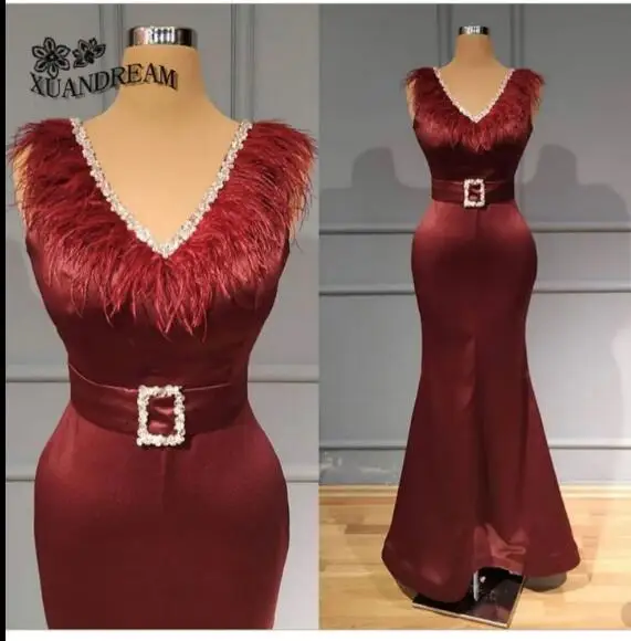 Элегантное вечернее платье с перьями, v-образный вырез, вечернее платье, простое длинное вечернее платье для вечеринки, XD-024 - Цвет: Wine Red