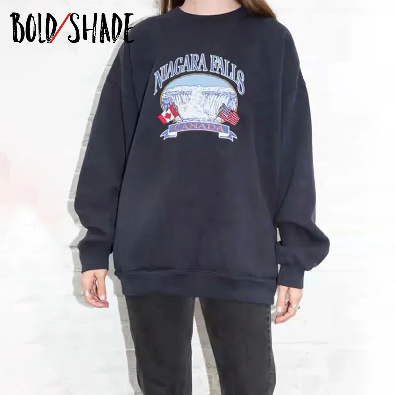 

Bold Shade Fleece Embroidery Oversize Sweatshirts Teen Fashion Grunge Vintage Casual All Match Hoodies Winter Pullovers 2020 Top