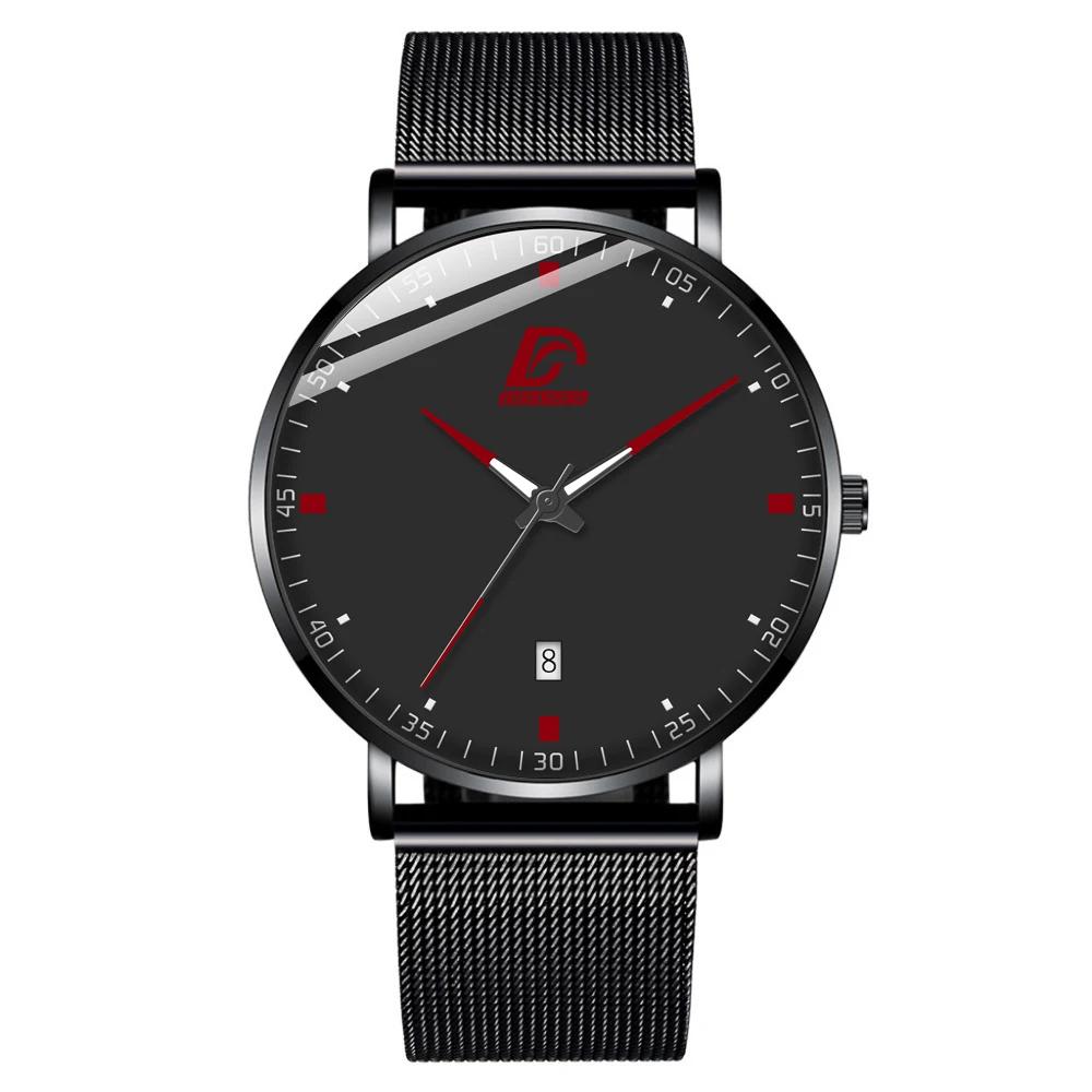 Black Red Модные мужские Бизнес минималистичные часы Роскошные ультра тонкие из нержавеющей стали с сетчатым ремешком аналоговые кварцевые часы relogio masculino - Цвет: Black Red