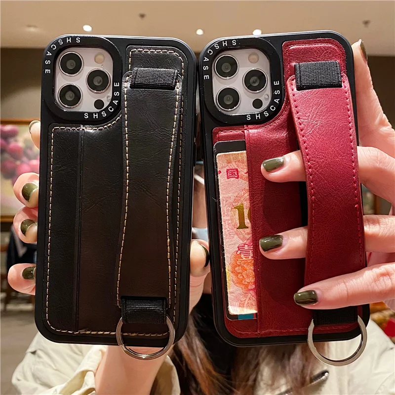 For iPhone 14 Pro Max 13 12 11 XS XR 7 8 Luxury Leather Wrist Strap Square  Case