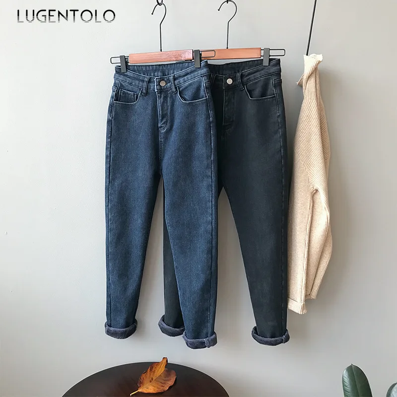 Lugentolo, женские джинсы, Осень-зима, высокая талия, корейский стиль, тонкие, пух, теплые, свободные, повседневные, новые, на молнии, модные, длинные, узкие брюки