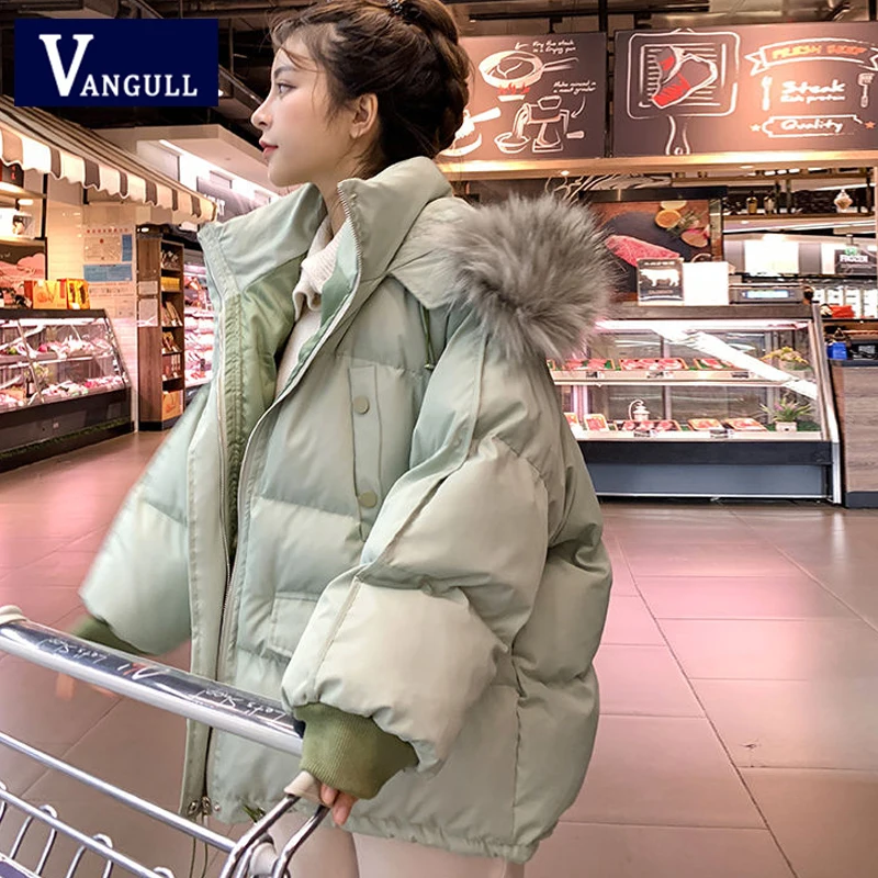 Green Vangull/женская зимняя куртка-парка с большим меховым воротником, пальто с капюшоном, новинка года, повседневные плотные Свободные Женские однотонные парки с длинным рукавом, пальто - Цвет: Green
