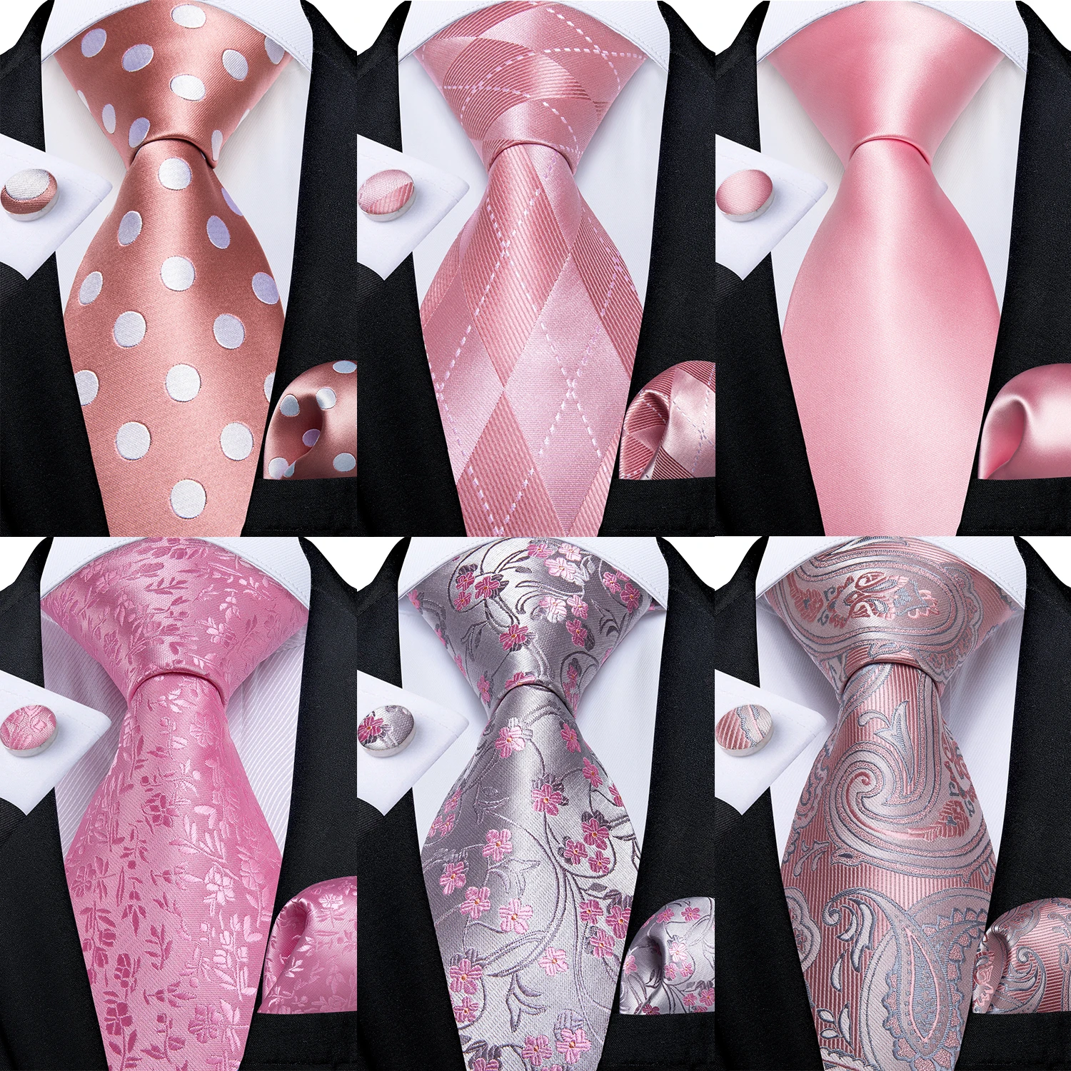 Dot Plaid Paisley Floral Pink Ties For Men Silk Wedding Party Neck Tie Handkerchief Cufflinks Men Gift Cravat DiBanGu neck tie