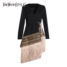 TWOTWINSTYLE Loose Fit Spliced Contrast Color Tassel Belt Jacket New V-neck Long Sleeve Women Coat Fashion Autumn Winter