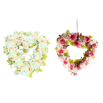 

2x Heart Shaped Artificial Flower Wreath Door Decoration Hanging Wreaths with Silk Ribbon for Wedding Decoration(White/Pink)22X2