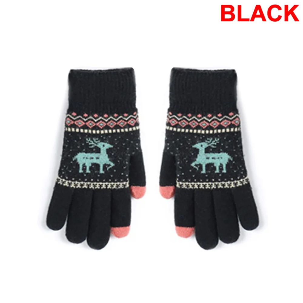 Женские вязаные перчатки с милым оленем и сенсорным экраном, теплые варежки из полиэстера на полный палец, ветрозащитные перчатки для езды на велосипеде и бега, Рождественский подарок - Color: black Gloves
