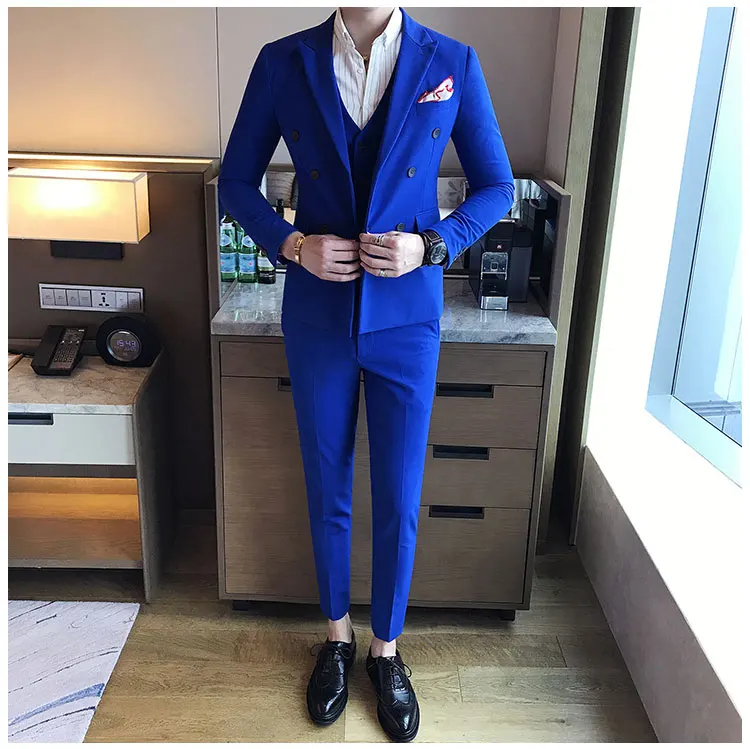 Plyesxale Slim Fit мужские s двойные приталенные пиджаки красный, черный, белый, серый, королевский синий свадебные костюмы для мужчин из трех предметов повседневный костюм YM6
