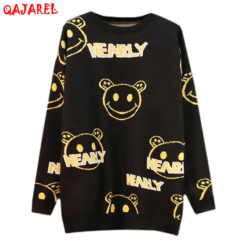 

2023 Elegant Loose Cartoon Pullovers Autumn Winter Black Knitted Cotton Thick Warm Coat Sweater Women Korean Vintage Top Sweater