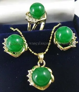 

10mm Green Jades Earrings Ring & Necklace Pendant Set * plated watch wholesale Quartz stone CZ crystal