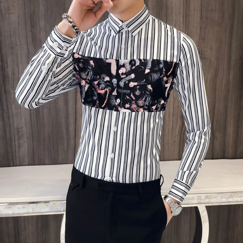 Модная мужская рубашка в полоску, Camisa Masculina, приталенная рубашка с длинным рукавом, деловая уличная одежда, официальная мужская одежда