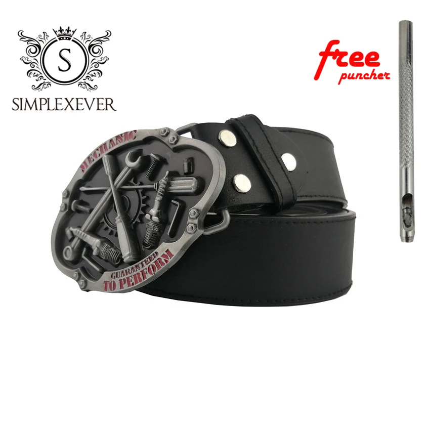 PU Belts with MECHANIC Metal Belt Buckle Men's Buckles Head Suitable for 4cm Wide Free Puncher |