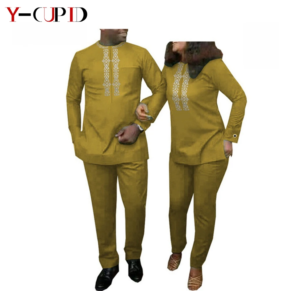 African Clothes for Couples Women Wax Hot Gold Applique Tee Top and Pants Sets Matching Bazin Men 2 Pieces Suit Outfits YA20C001