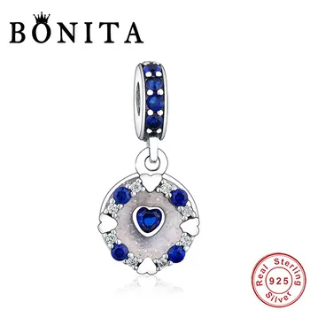 

925 Sterling Silver Blue Color Hearts Dangle Charm Fit Original Pan Charms Bracelet Necklace Beads Berloque Jewelry Making