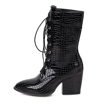 

Fashion winter new sexy Pure color beige white Elegant Pointed toe Cross tied Motercycle boots Chunky heels Ankle boots 34-48