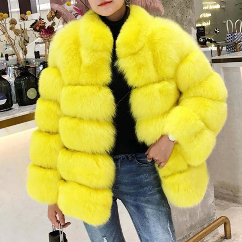 Yellow Модная женская куртка из натурального Лисьего меха с воротником-стойкой, толстые теплые зимние пальто, роскошные женские пальто из натурального Лисьего меха высокого качества - Цвет: Yellow